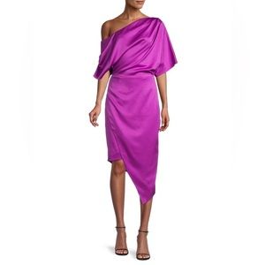 Elliatt Carson Satin One Shoulder Asymmetric‎ Midi Dress Purple Orchid New